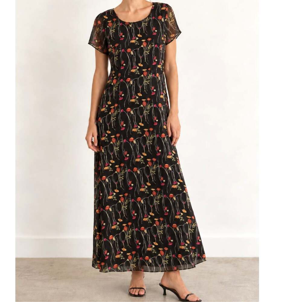 Robbie Bee Black Floral Maxi Dress Size 12 Short Sleeve Keyhole Vintage 90s Y2K